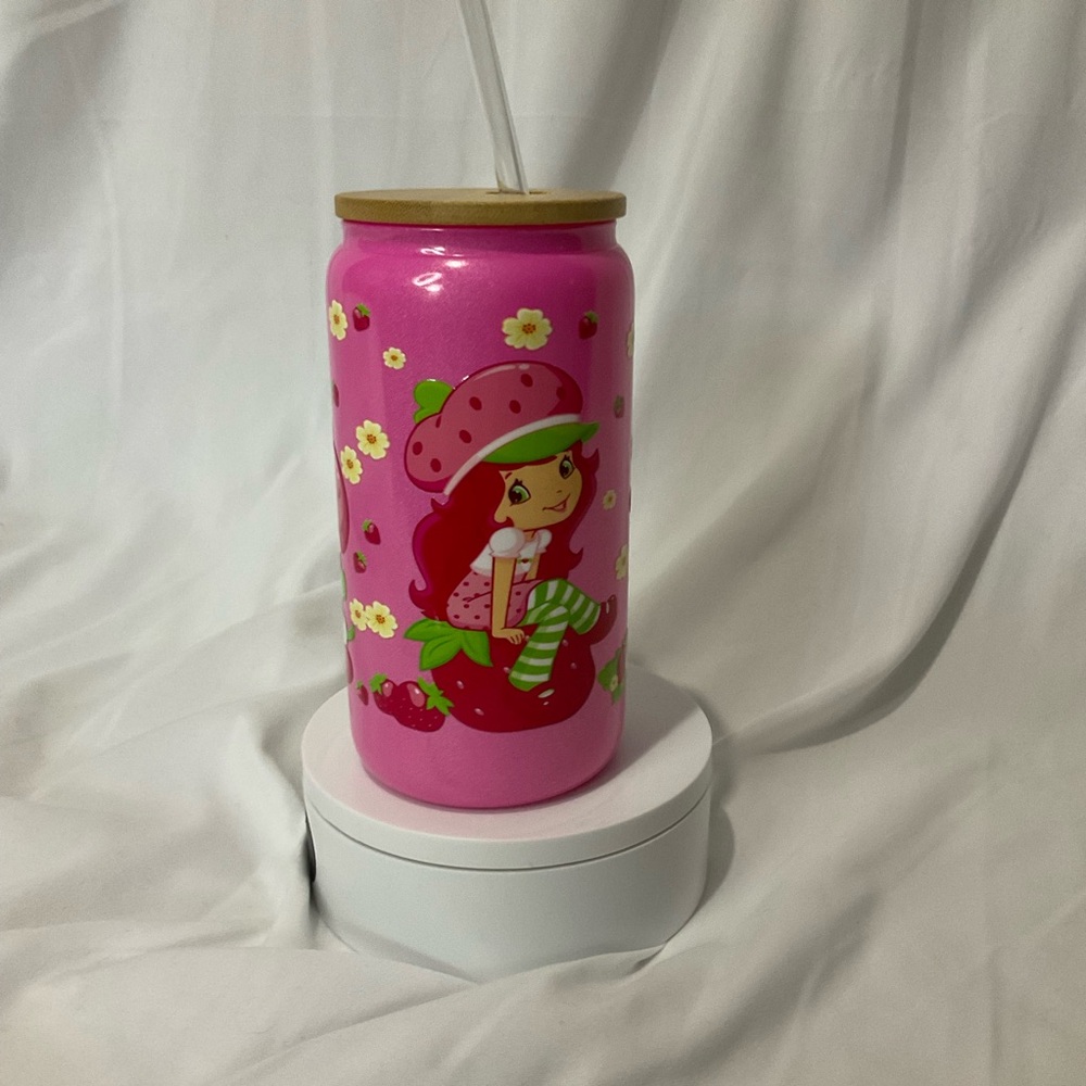 16 Ounce Handmade Hot Pink Glass Can Cup w/Lid & Straw, Strawberry Shortcake